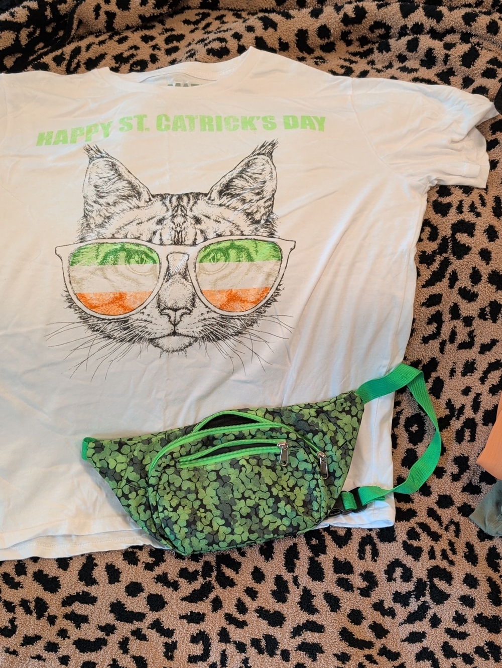 MAD Engine White Cat Graphic Tee with Green & Orange Sunglass Accents